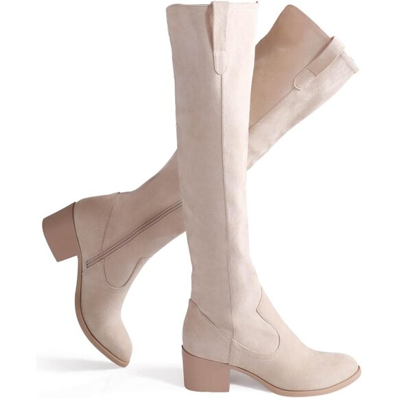 🆕Women's Beige Faux Suede Over The Knee Thigh High Chunky Heel Pointed Toe Boot - Picture 5 of 13
